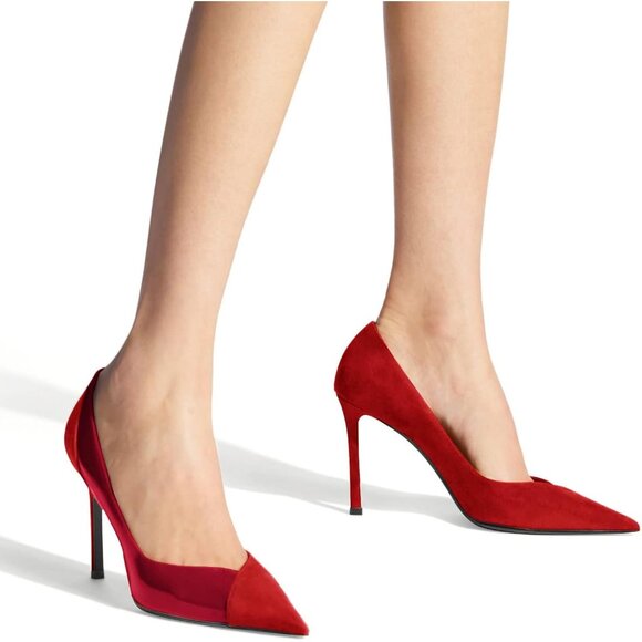 Women's Red/burgundy Pointed Toe Pumps Patent Suede Stiletto Slip On High Heels - Picture 2 of 4